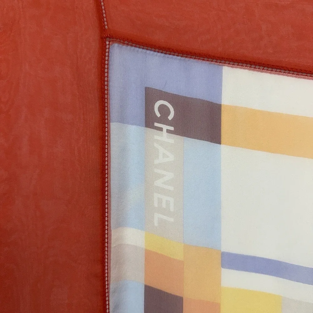 Chanel Sheer 100% Silk Scarf Large Center CC Logo Red Orange Yellow 38